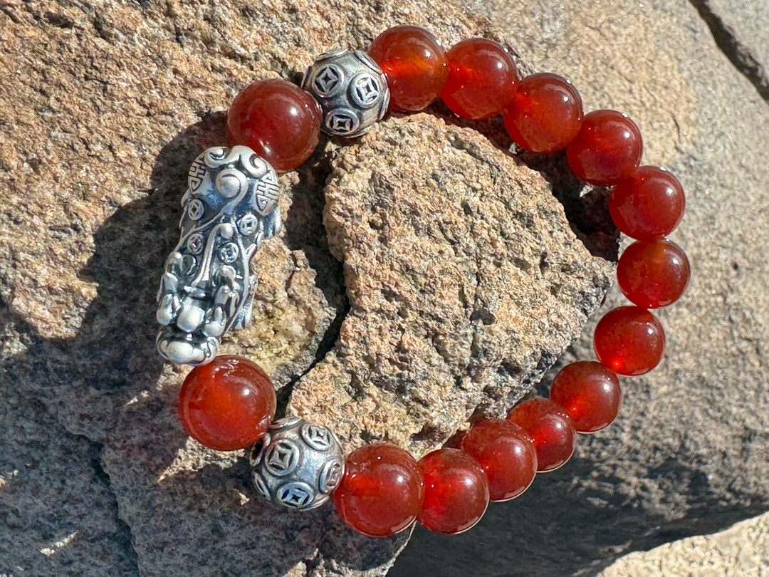 Divine Prosperity - Sterling Silver 999 Pixiu & Natural Red Agate Beads