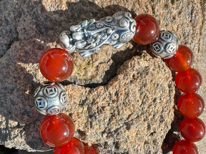 Divine Prosperity - Sterling Silver 999 Pixiu & Natural Red Agate Beads