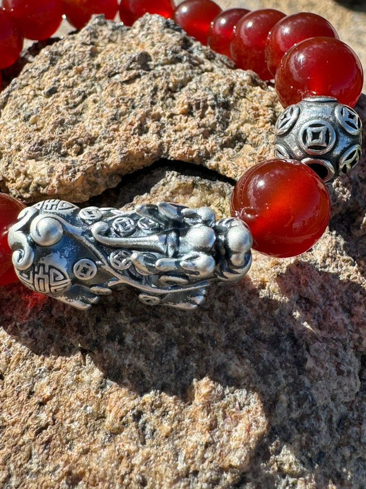 Divine Prosperity - Sterling Silver 999 Pixiu & Natural Red Agate Beads