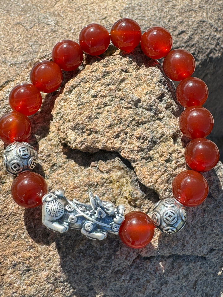 Divine Prosperity - Sterling Silver 999 Pixiu & Natural Red Agate Beads