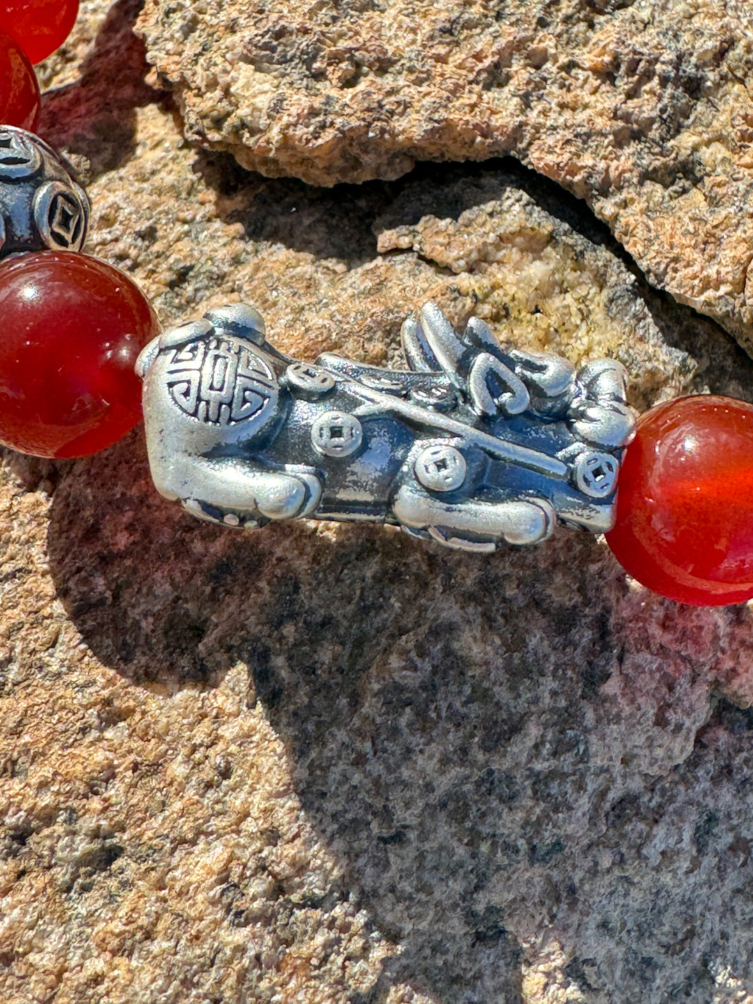 Divine Prosperity - Sterling Silver 999 Pixiu & Natural Red Agate Beads