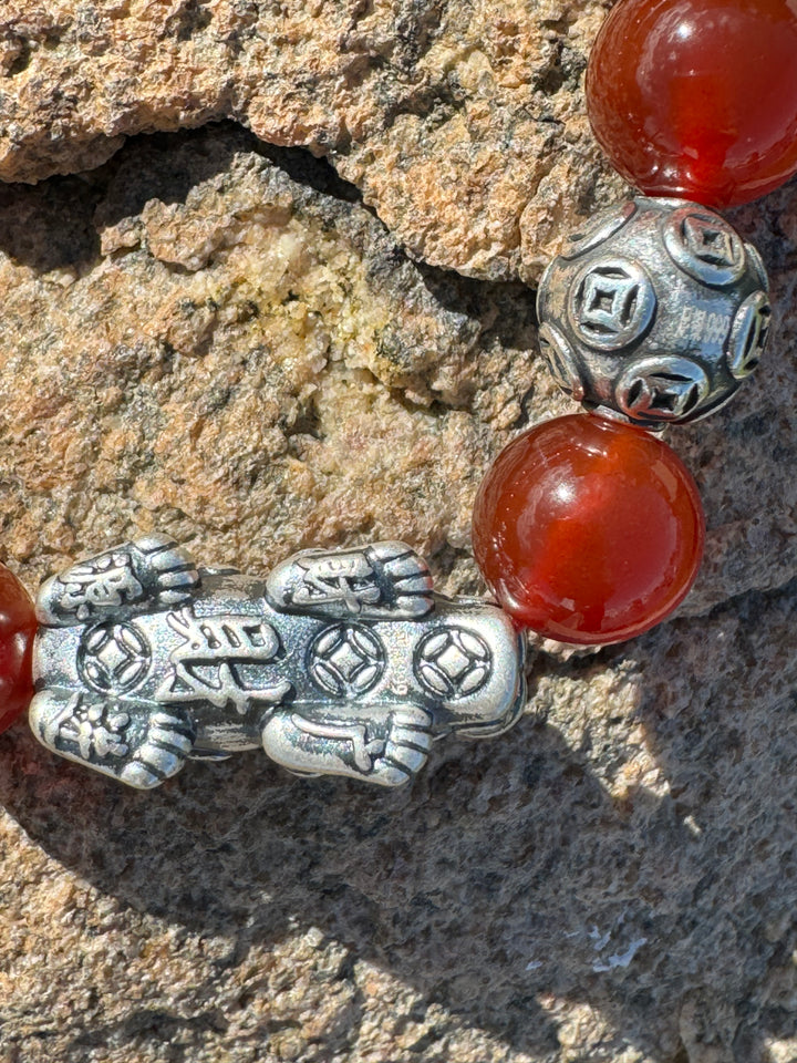 Divine Prosperity - Sterling Silver 999 Pixiu & Natural Red Agate Beads