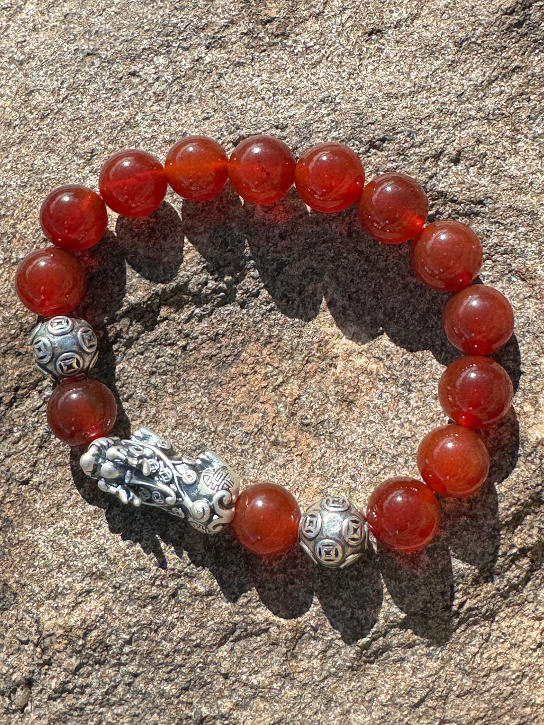 Divine Prosperity - Sterling Silver 999 Pixiu & Natural Red Agate Beads