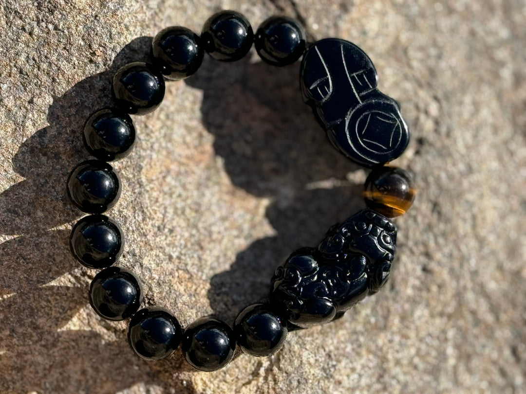 Prosperity Guardian - Black & Gold Obsidian Double Pixiu Men's Bracelet