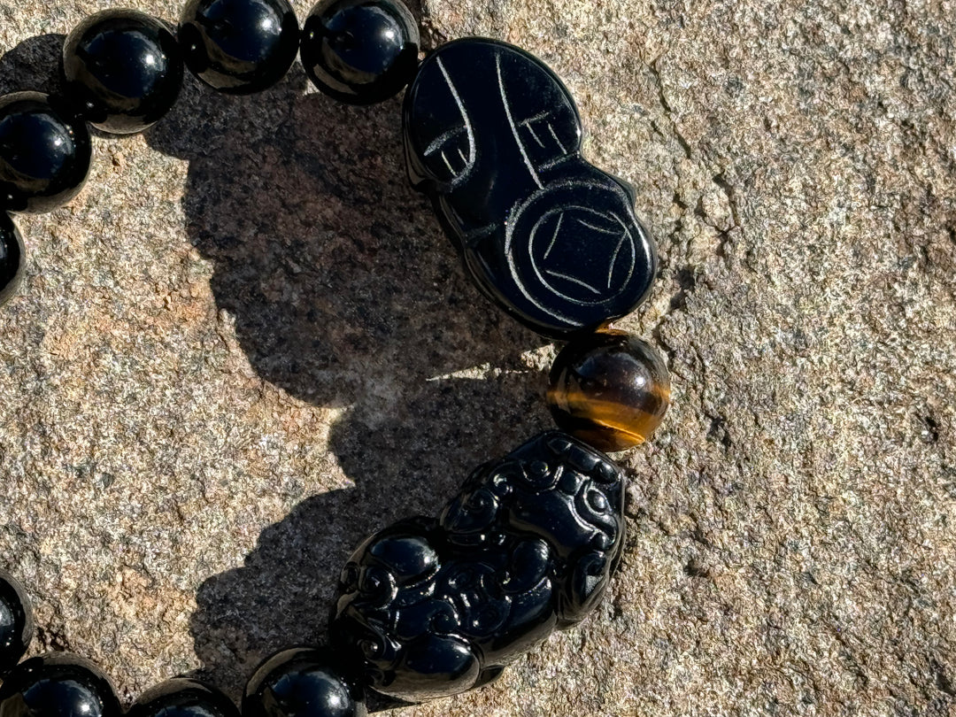 Prosperity Guardian - Black & Gold Obsidian Double Pixiu Men's Bracelet