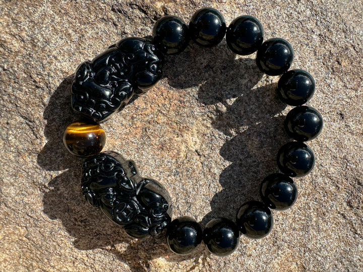 Prosperity Guardian - Black & Gold Obsidian Double Pixiu Men's Bracelet