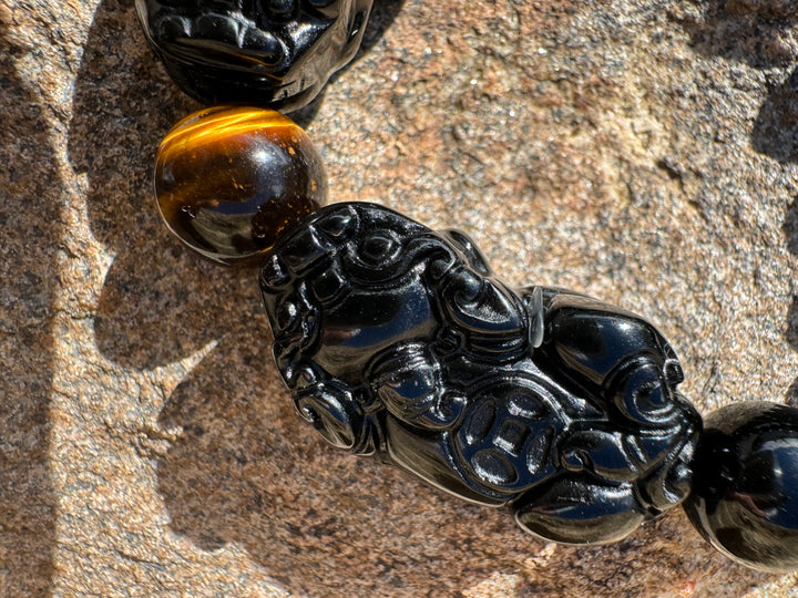 Prosperity Guardian - Black & Gold Obsidian Double Pixiu Men's Bracelet