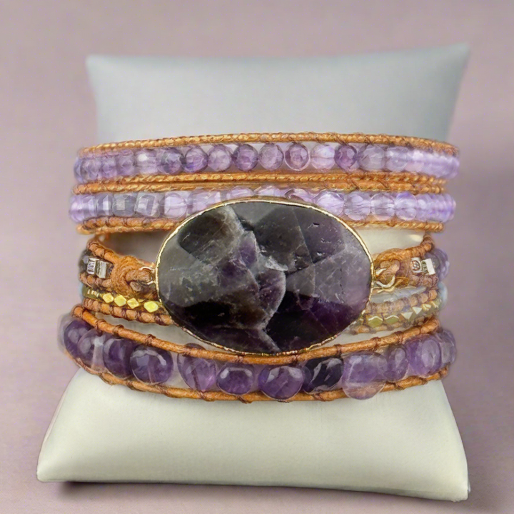 Bohemian Amethyst 5-Layer Leather Wrap Around Bracelet (ATH)