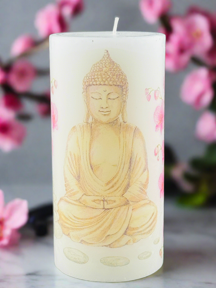 Enlightened Serenity - Buddha Print Pillar Candle Trio