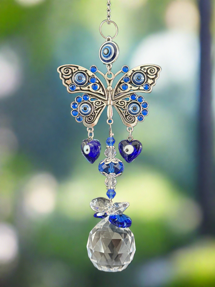 FlutterGuard Quartz Crystal & Evil Eye Butterfly Sun Catcher