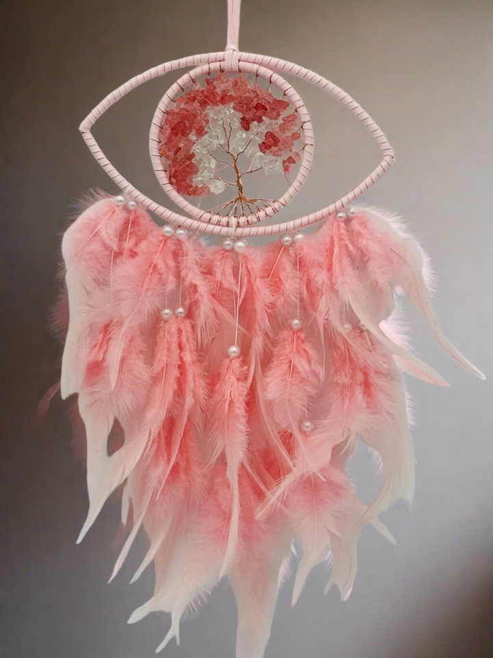 Mystic Harmony - Pink Feathered Evil Eye Crystal Tree of Life Dream Catcher with LED Light