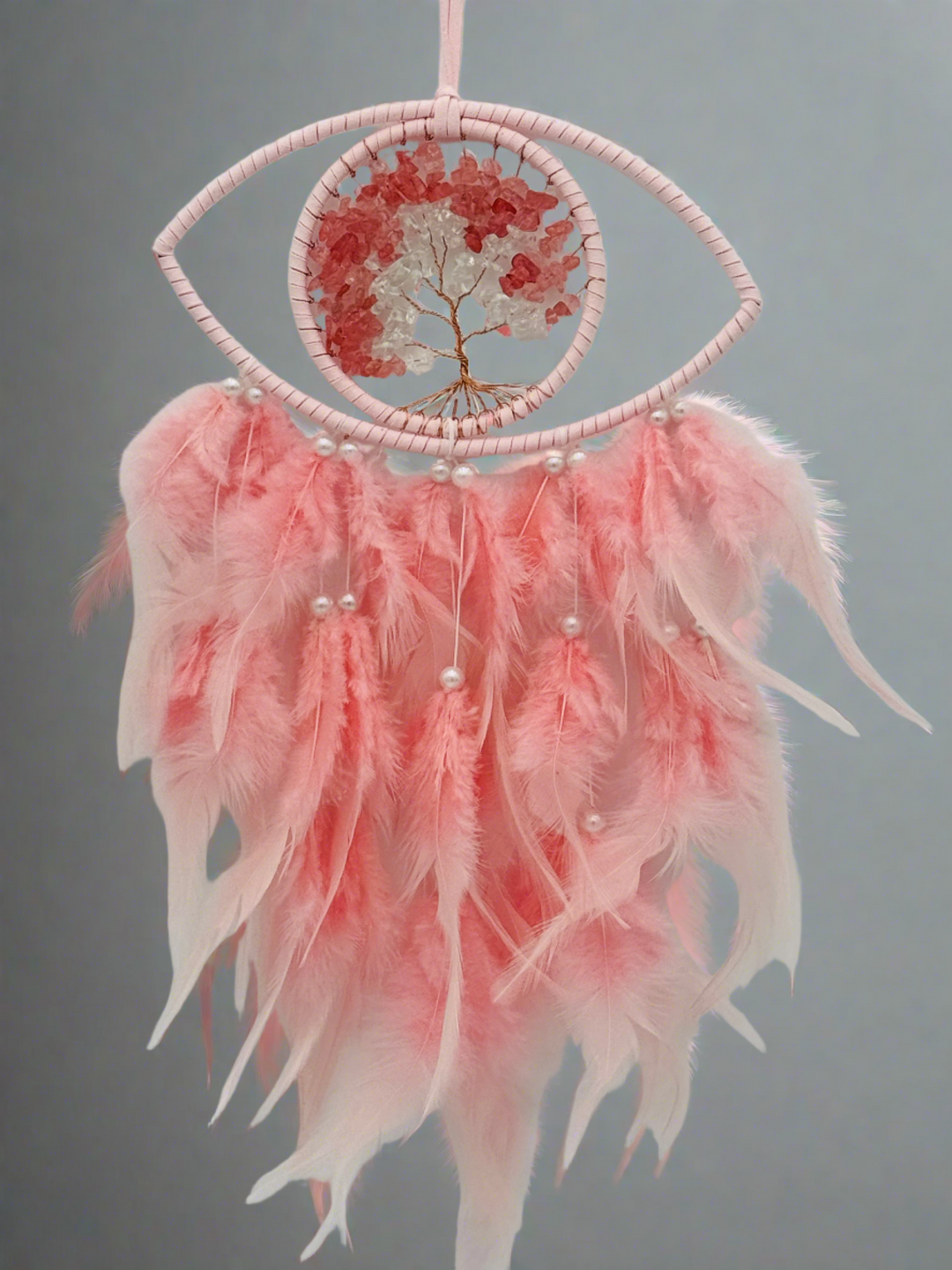 Mystic Harmony - Pink Feathered Evil Eye Crystal Tree of Life Dream Catcher with LED Light