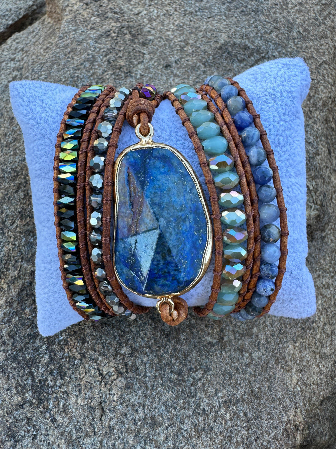 Bohemian Lapis Lazuli 5-Layer Leather Wrap Around Bracelet