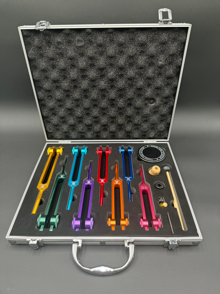 8 Colored Chakra Solfeggio Tuning Fork Set + FREE Aluminum Magnificent Me Case