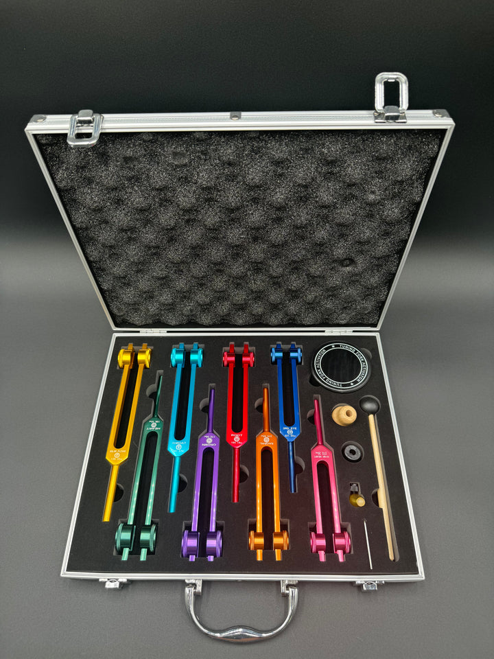 8 Colored Chakra Solfeggio Tuning Fork Set + FREE Aluminum Magnificent Me Case