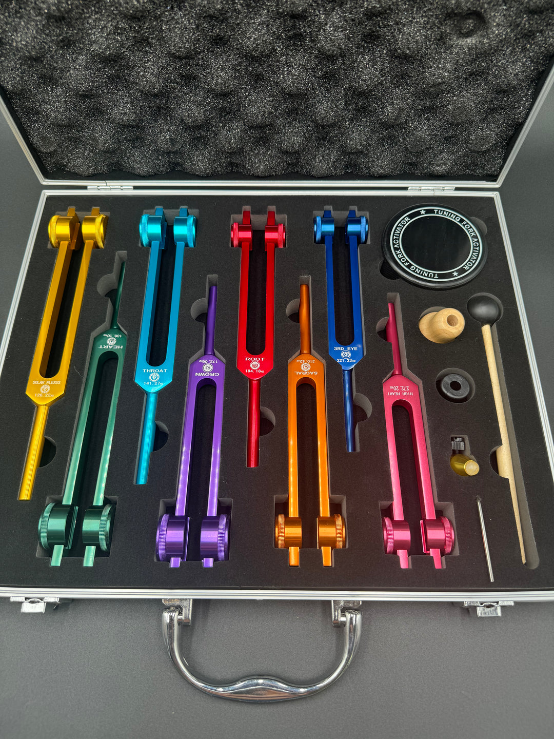 8 Colored Chakra Solfeggio Tuning Fork Set + FREE Aluminum Magnificent Me Case