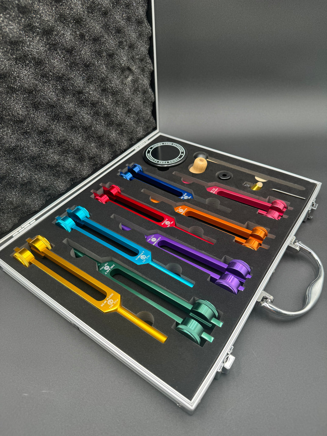 8 Colored Chakra Solfeggio Tuning Fork Set + FREE Aluminum Magnificent Me Case