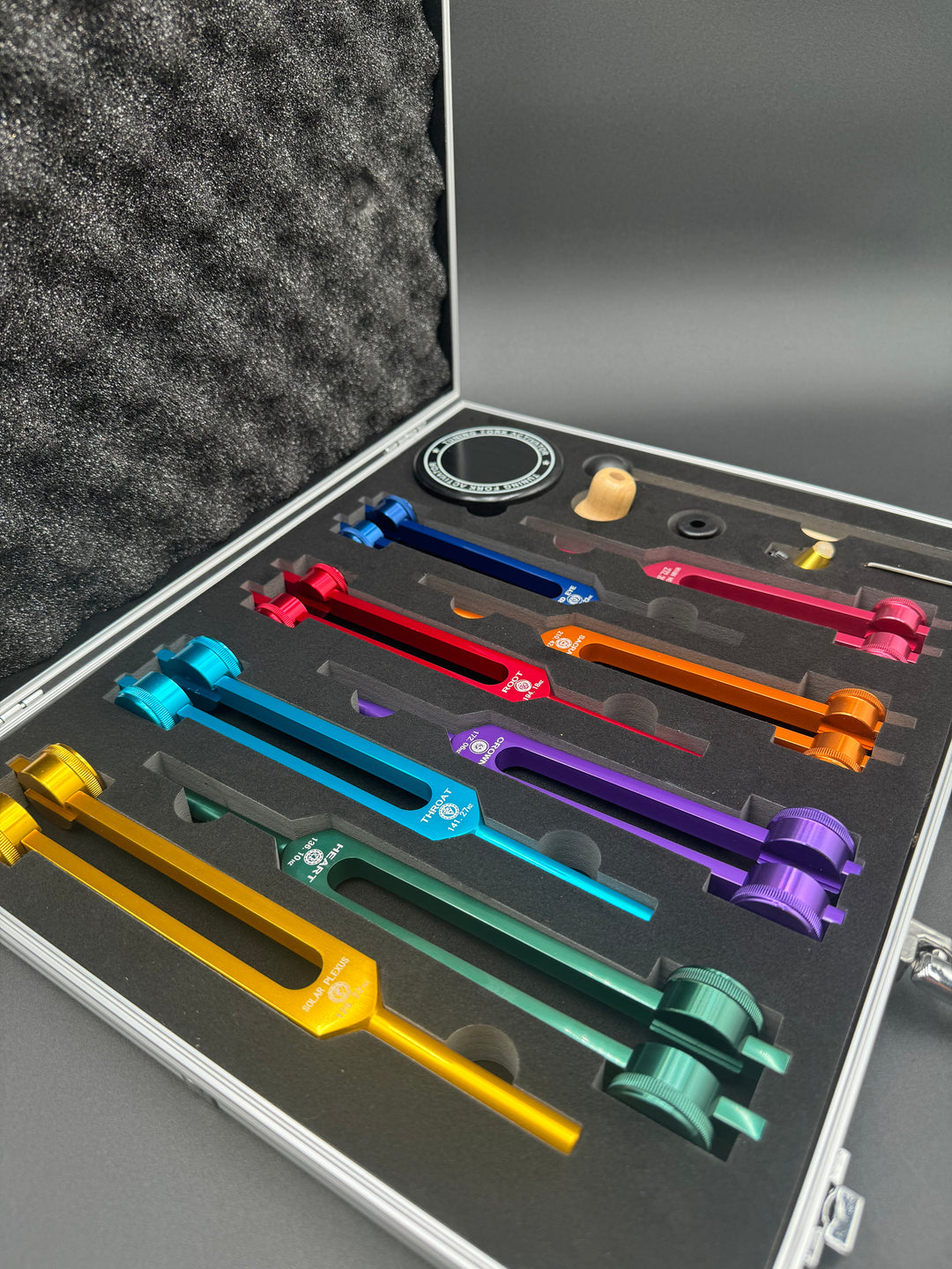 8 Colored Chakra Solfeggio Tuning Fork Set + FREE Aluminum Magnificent Me Case