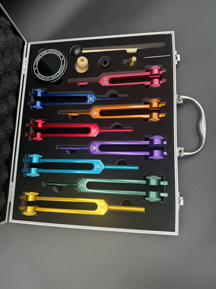 8 Colored Chakra Solfeggio Tuning Fork Set + FREE Aluminum Magnificent Me Case