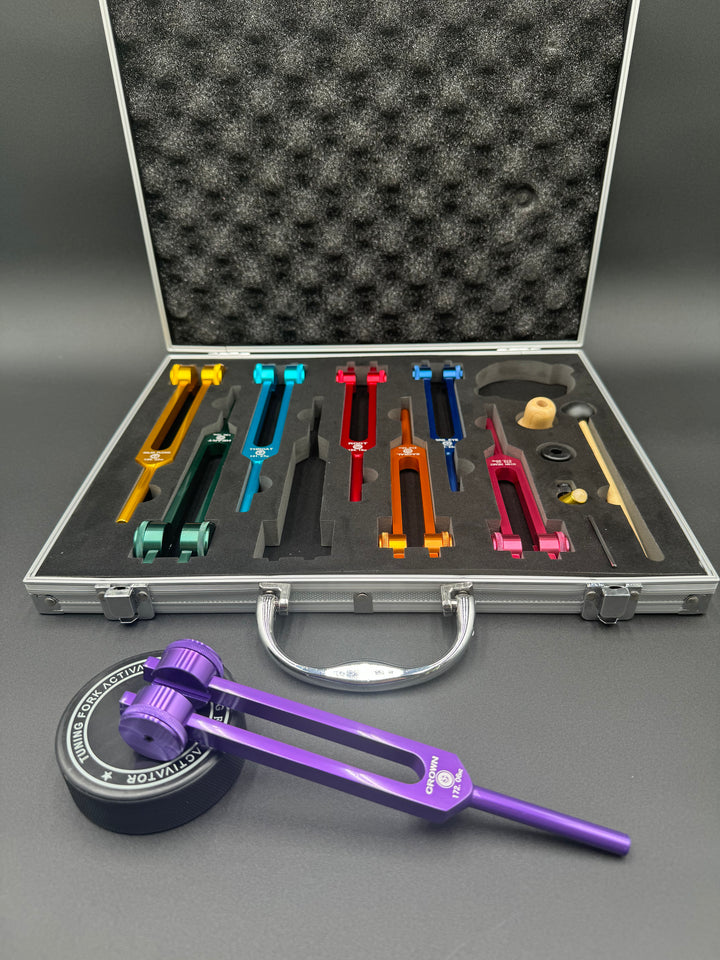 8 Colored Chakra Solfeggio Tuning Fork Set + FREE Aluminum Magnificent Me Case