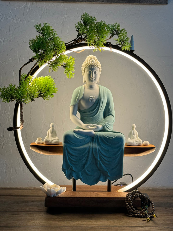 Buddha Statue Ceramic Waterfall Incense Burner with LED Light