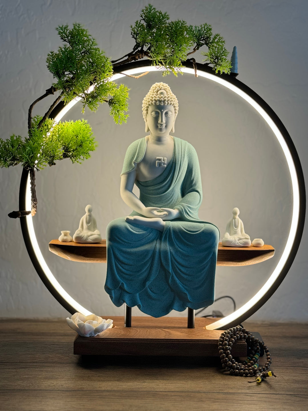 Buddha Statue Ceramic Waterfall Incense Burner with LED Light