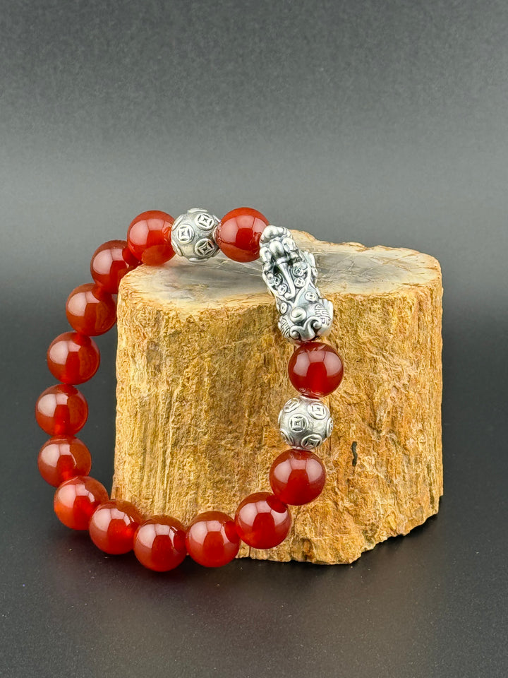 Divine Prosperity - Sterling Silver 999 Pixiu & Natural Red Agate Beads