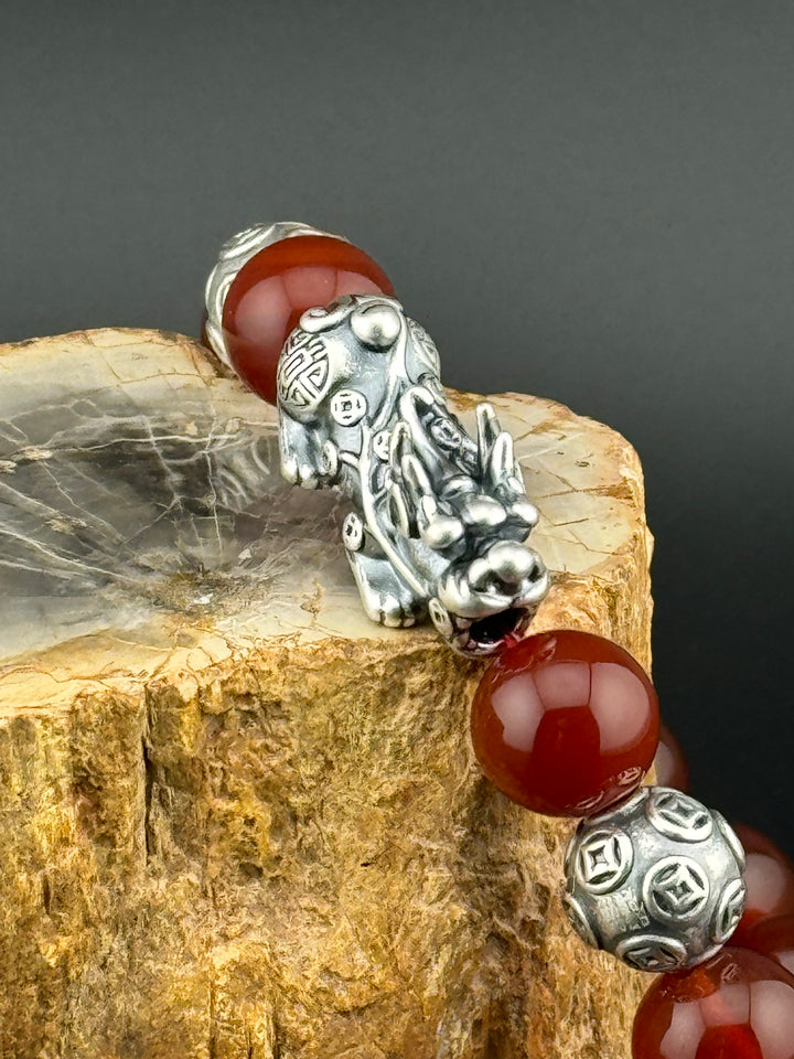 Divine Prosperity - Sterling Silver 999 Pixiu & Natural Red Agate Beads