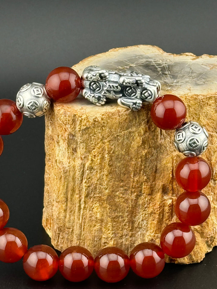 Divine Prosperity - Sterling Silver 999 Pixiu & Natural Red Agate Beads