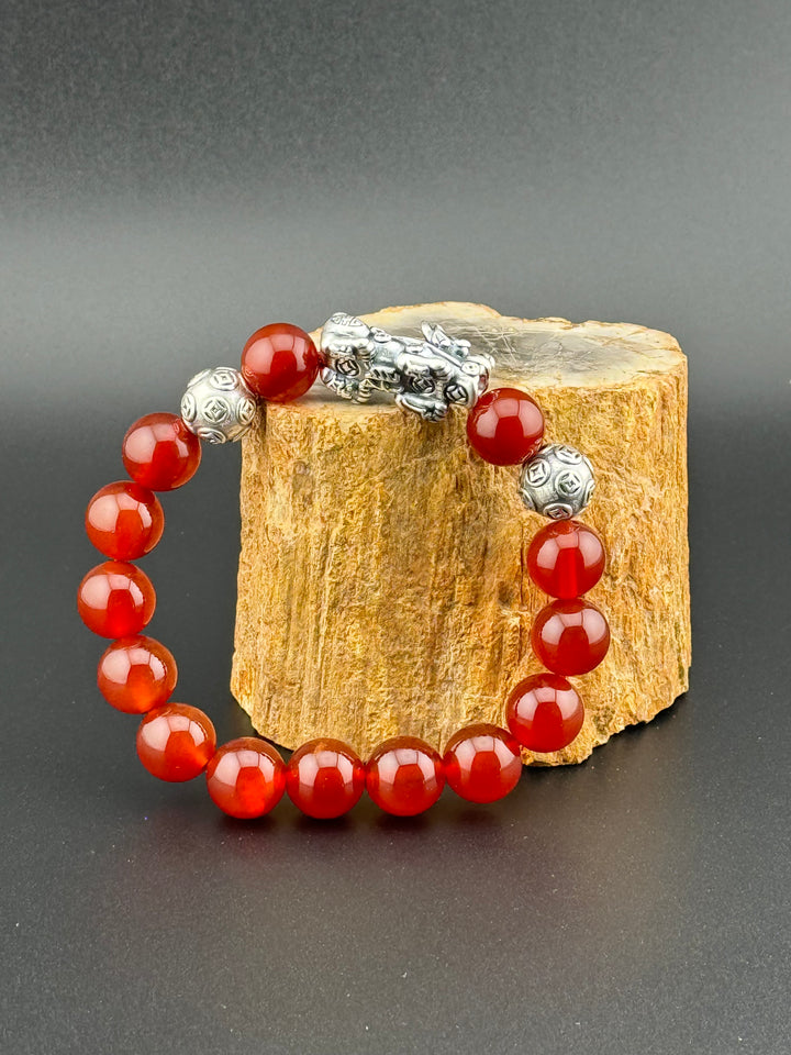 Divine Prosperity - Sterling Silver 999 Pixiu & Natural Red Agate Beads