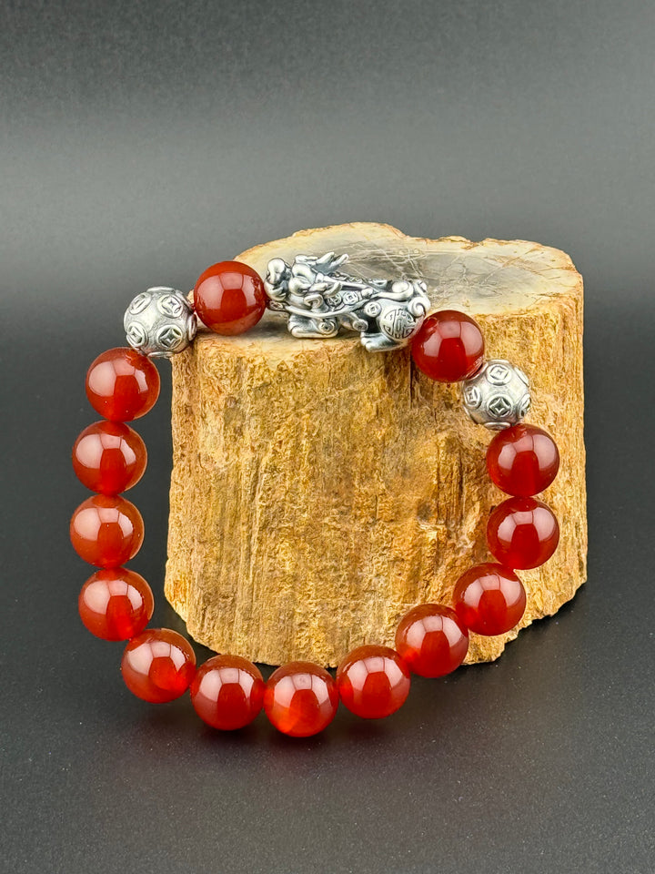 Divine Prosperity - Sterling Silver 999 Pixiu & Natural Red Agate Beads