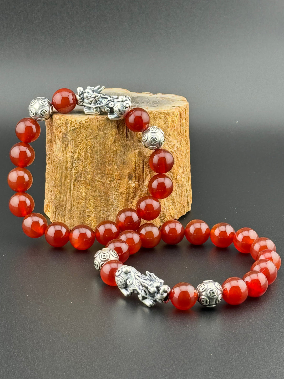 Divine Prosperity - Sterling Silver 999 Pixiu & Natural Red Agate Beads