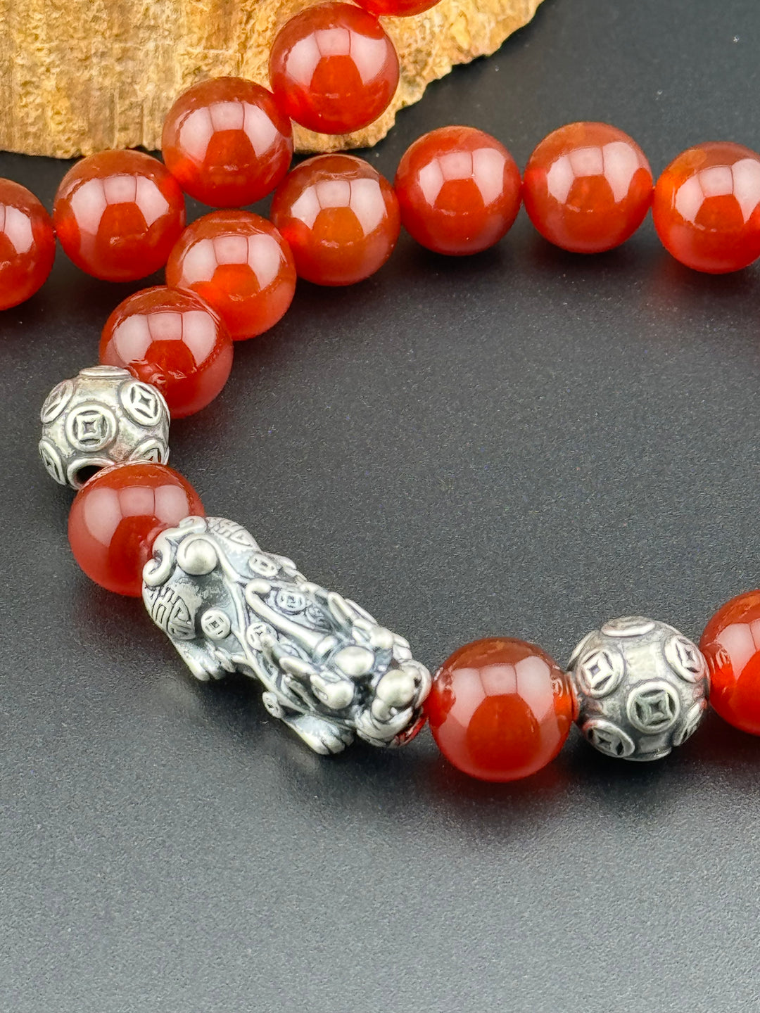 Divine Prosperity - Sterling Silver 999 Pixiu & Natural Red Agate Beads