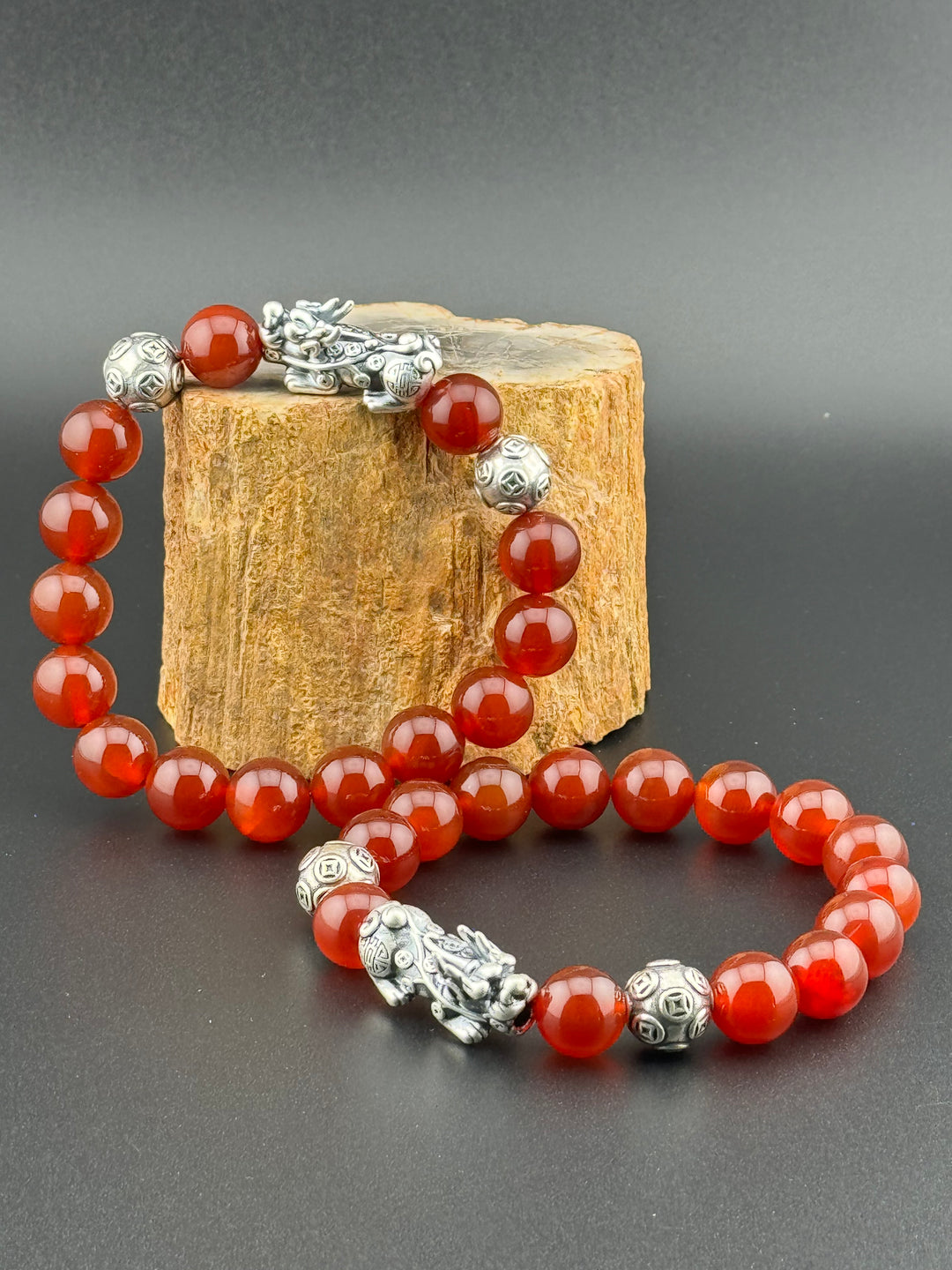 Divine Prosperity - Sterling Silver 999 Pixiu & Natural Red Agate Beads