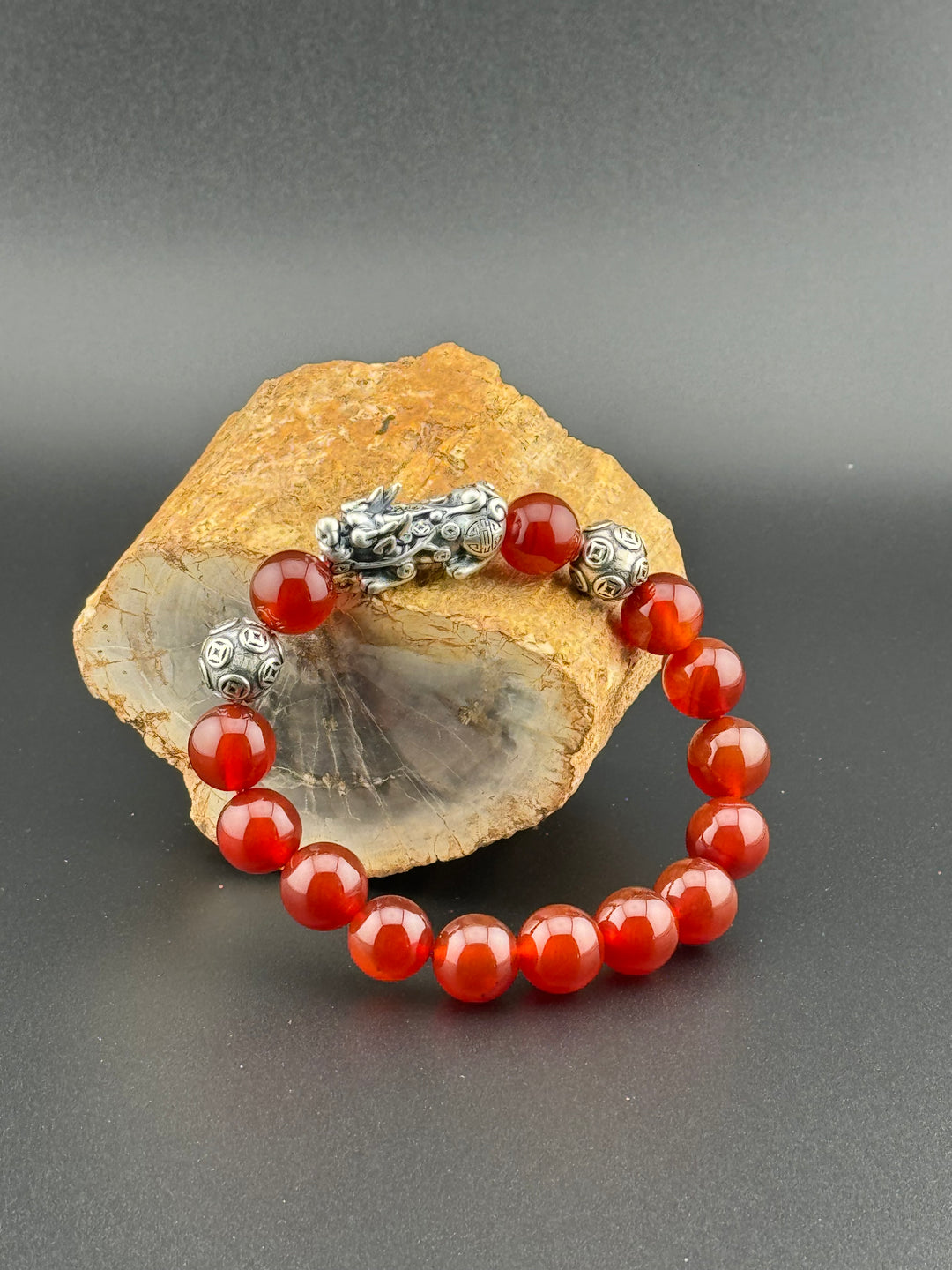 Divine Prosperity - Sterling Silver 999 Pixiu & Natural Red Agate Beads