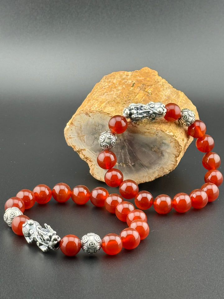 Divine Prosperity - Sterling Silver 999 Pixiu & Natural Red Agate Beads