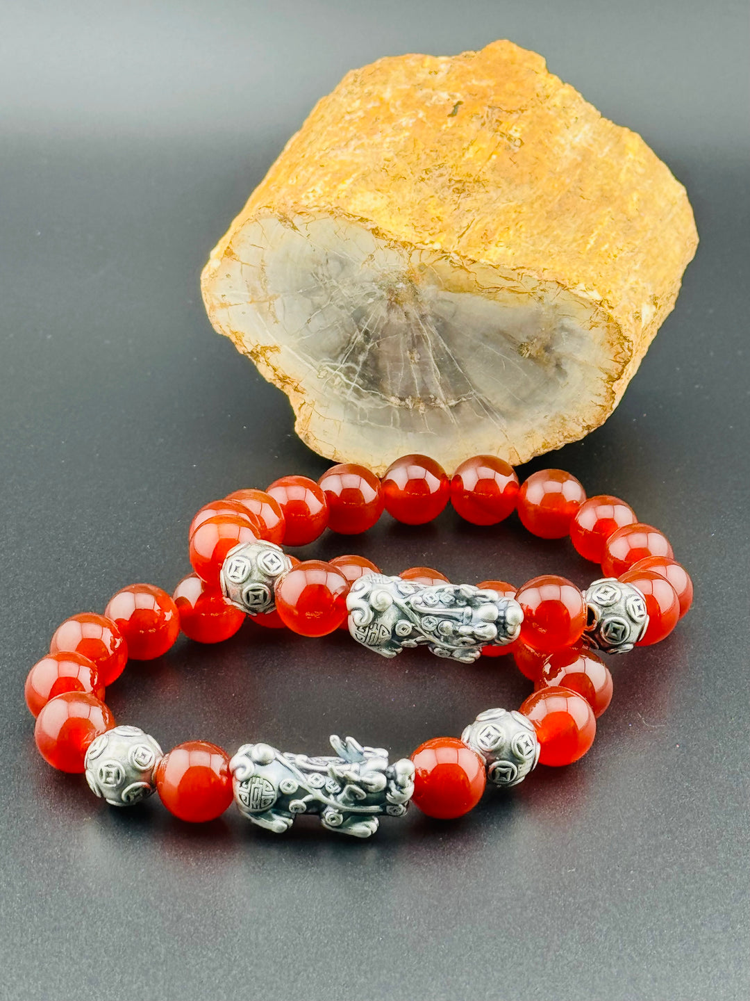 Divine Prosperity - Sterling Silver 999 Pixiu & Natural Red Agate Beads