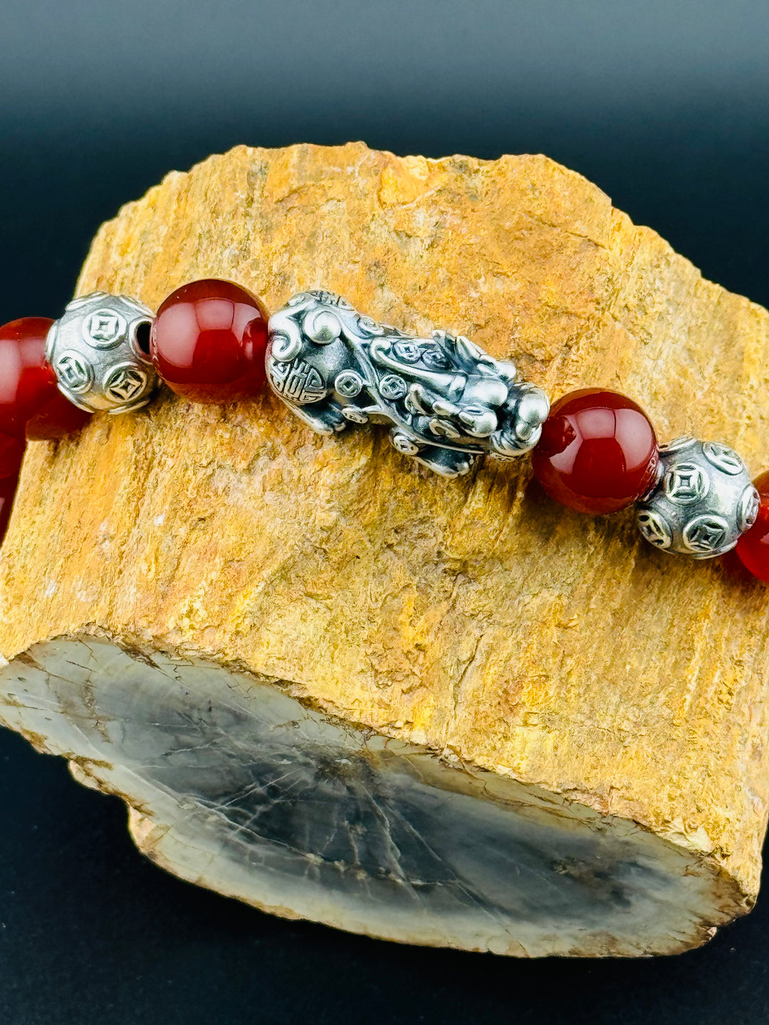 Divine Prosperity - Sterling Silver 999 Pixiu & Natural Red Agate Beads