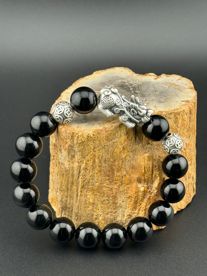 Divine Prosperity - Sterling Silver 999 Pixiu & Natural Black Obsidian Beads