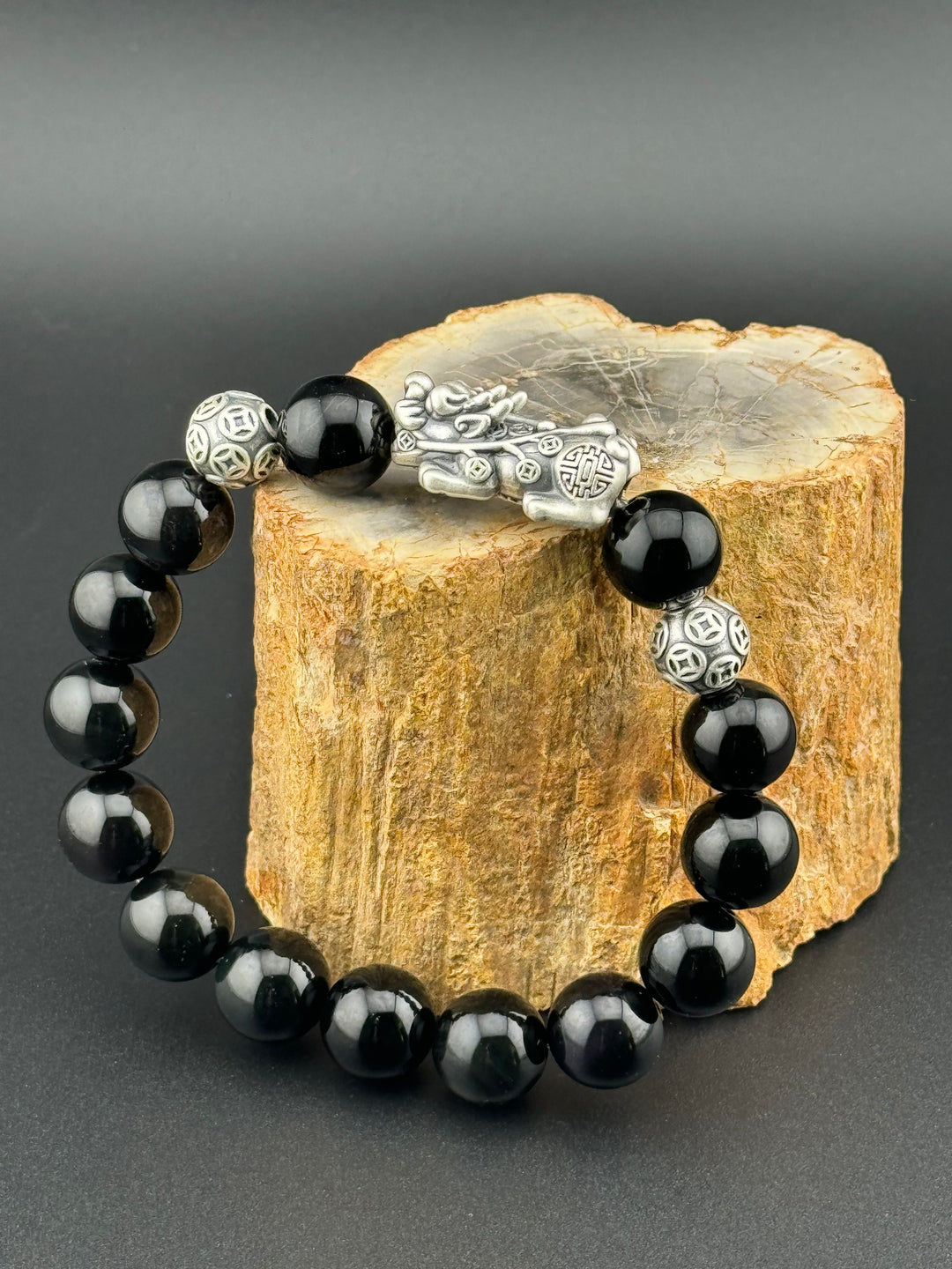 Divine Prosperity - Sterling Silver 999 Pixiu & Natural Black Obsidian Beads