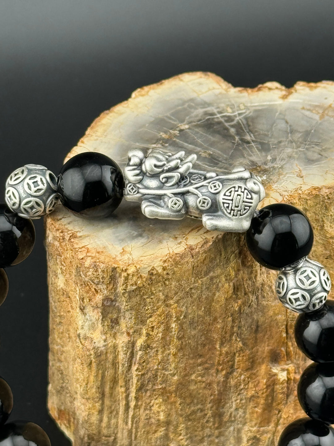 Divine Prosperity - Sterling Silver 999 Pixiu & Natural Black Obsidian Beads