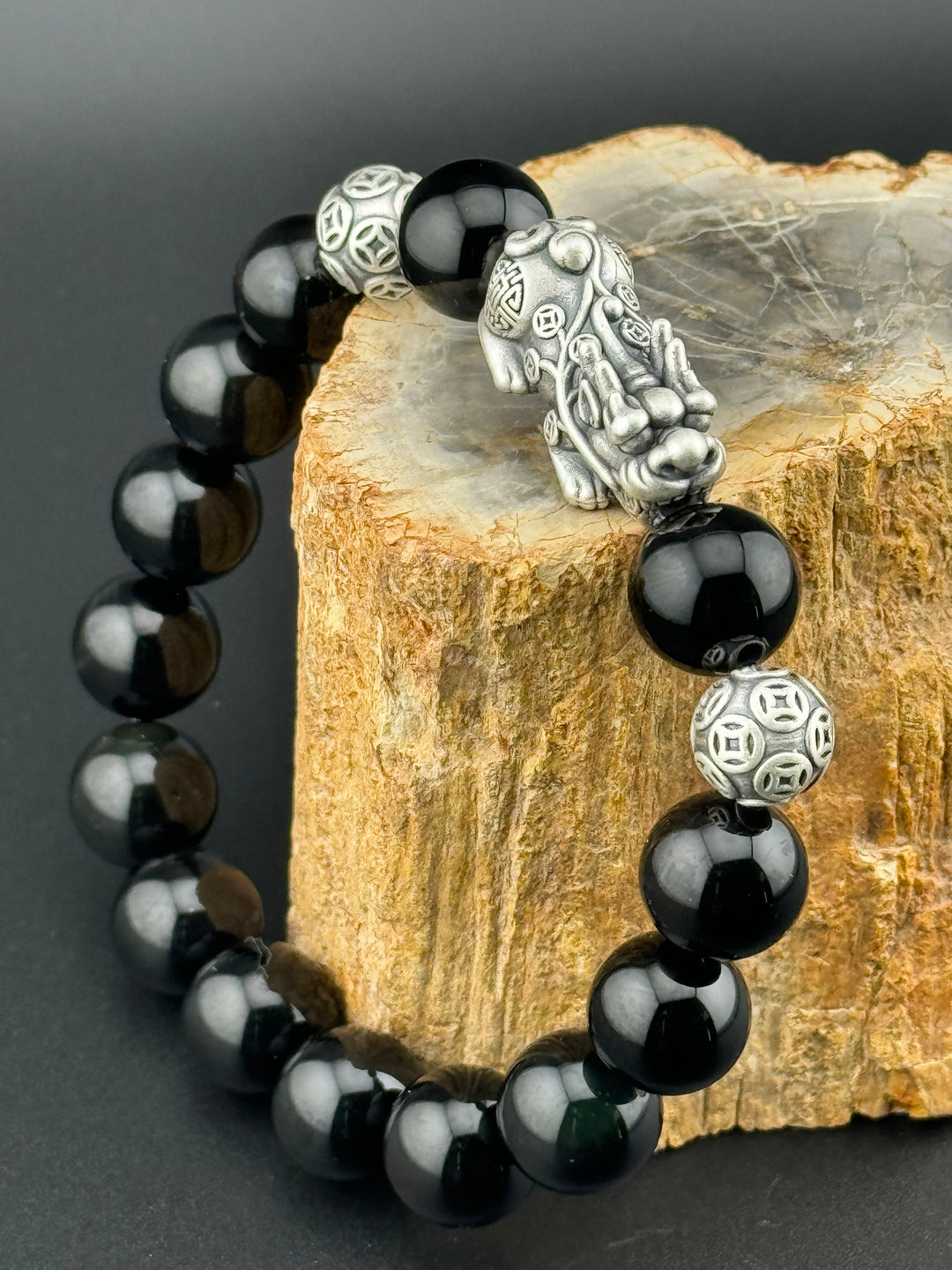 Divine Prosperity - Sterling Silver 999 Pixiu & Natural Black Obsidian Beads