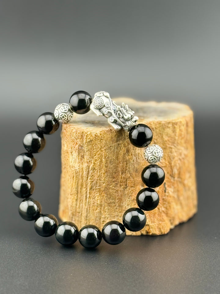 Divine Prosperity - Sterling Silver 999 Pixiu & Natural Black Obsidian Beads