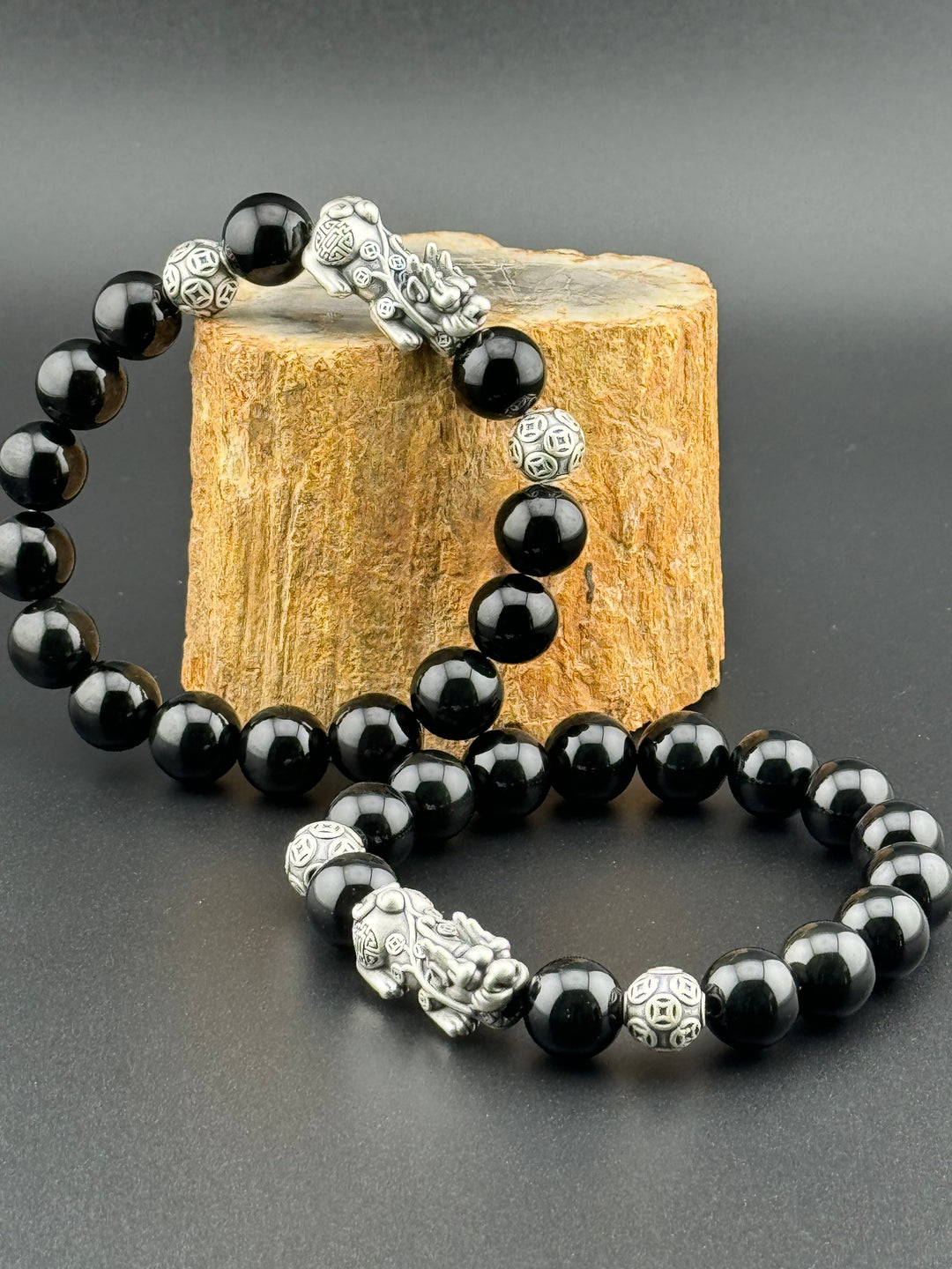 Divine Prosperity - Sterling Silver 999 Pixiu & Natural Black Obsidian Beads