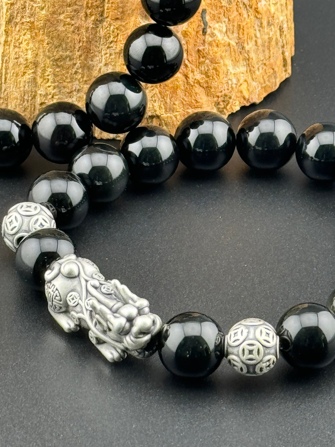 Divine Prosperity - Sterling Silver 999 Pixiu & Natural Black Obsidian Beads