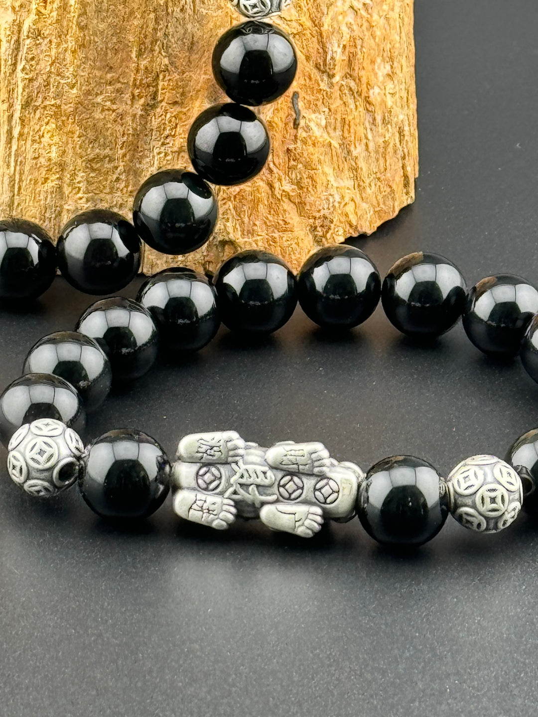 Divine Prosperity - Sterling Silver 999 Pixiu & Natural Black Obsidian Beads