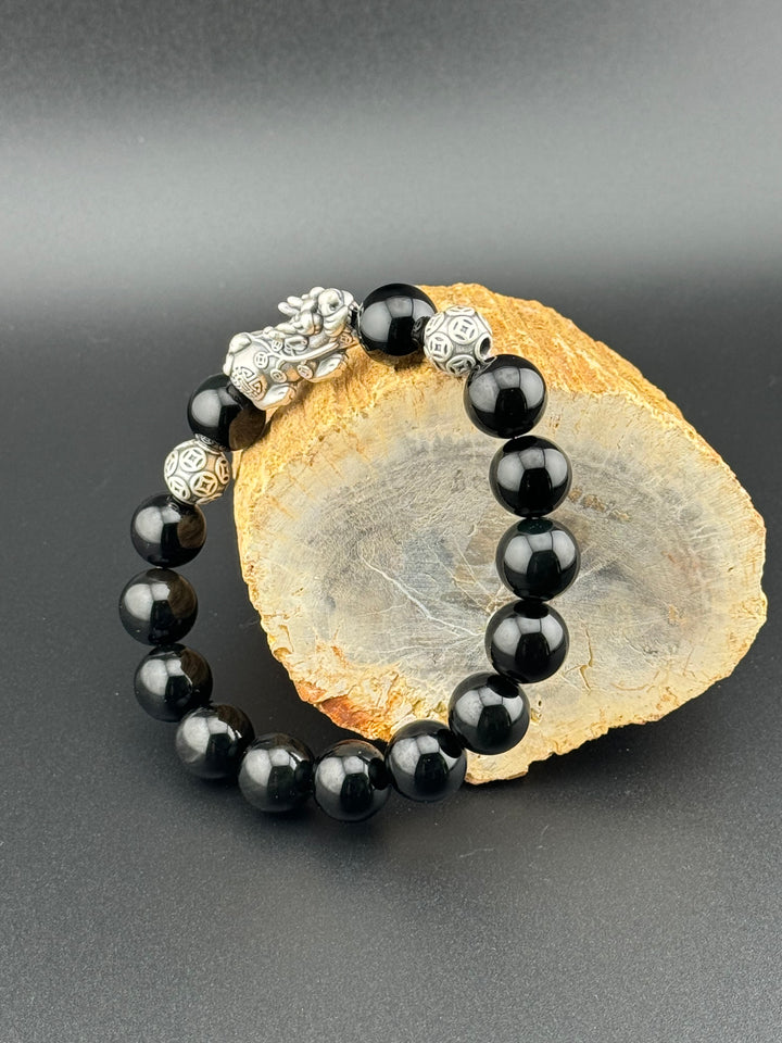 Divine Prosperity - Sterling Silver 999 Pixiu & Natural Black Obsidian Beads