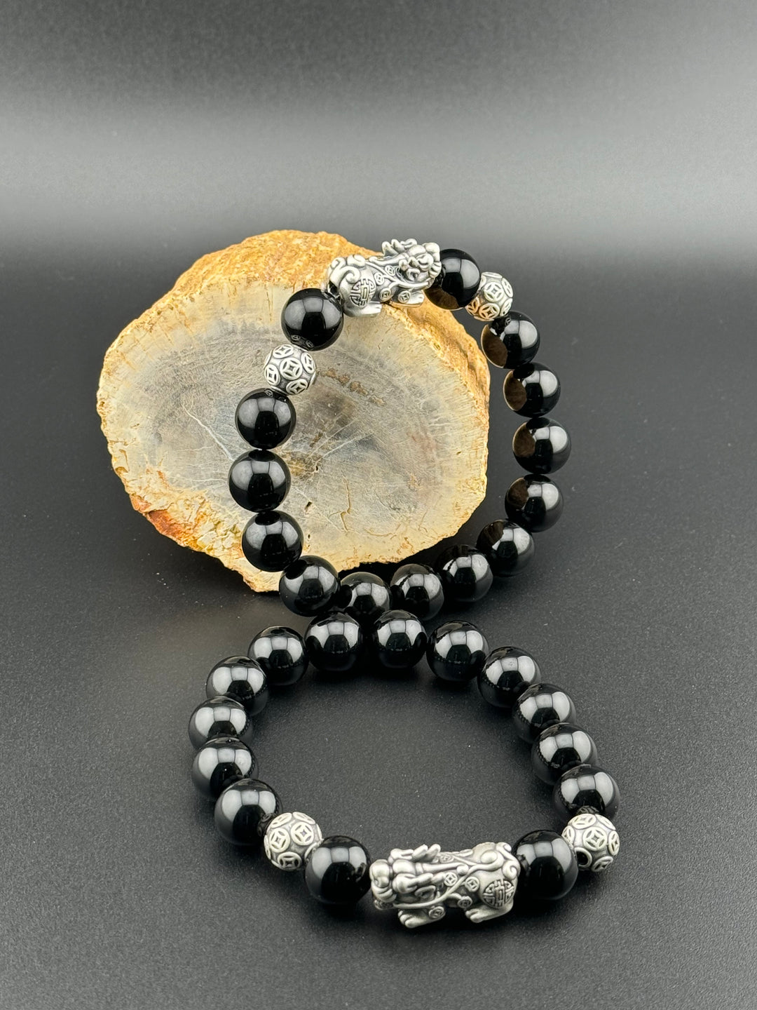 Divine Prosperity - Sterling Silver 999 Pixiu & Natural Black Obsidian Beads