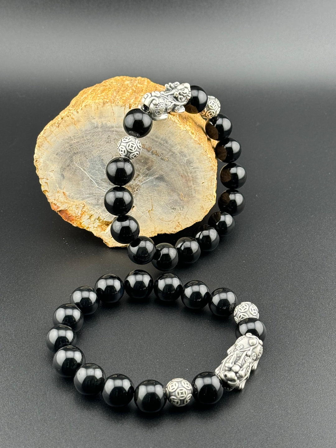 Divine Prosperity - Sterling Silver 999 Pixiu & Natural Black Obsidian Beads