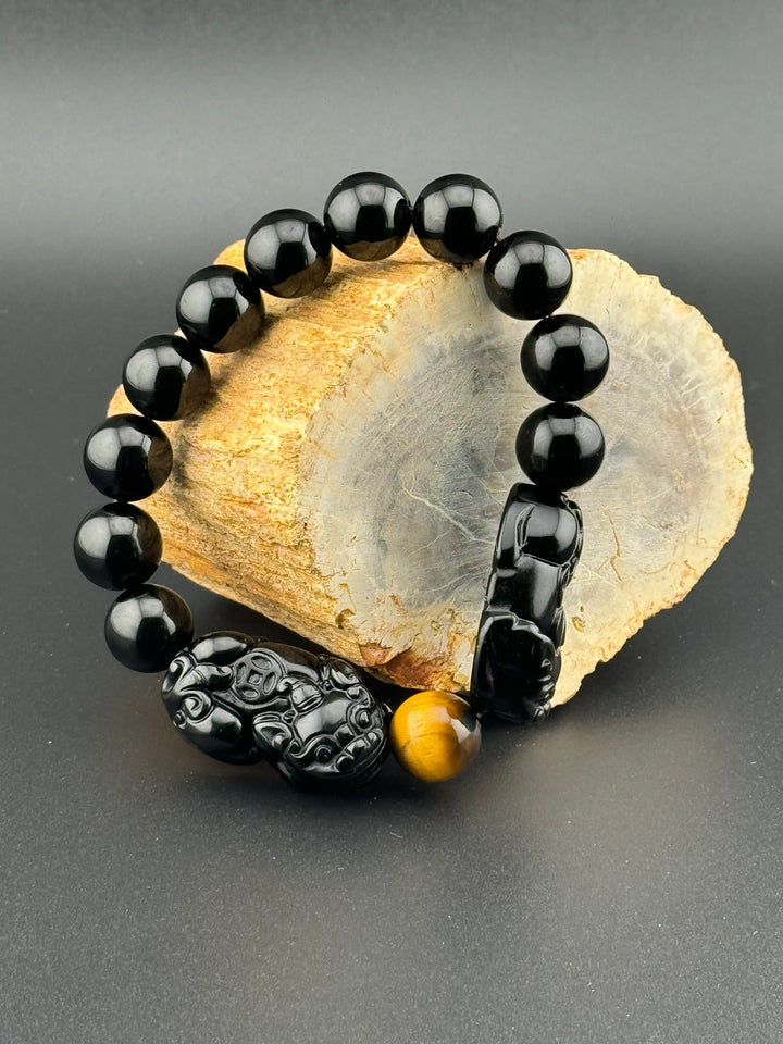 Prosperity Guardian - Black & Gold Obsidian Double Pixiu Men's Bracelet